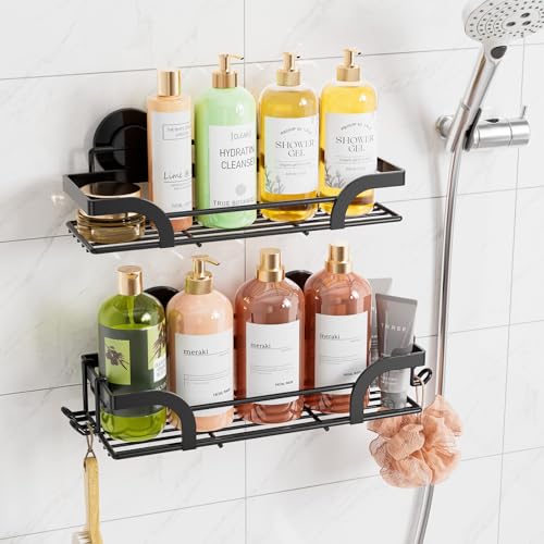 TAILI Shower Caddy Suction Cup 2 Pack, Heavy Duty Bathroom Basket, Bath Shelves for Inside, Stainless Steel Shower Holder for Bathroom Storage & Home Decor,Black - style: 2 × Black Basket