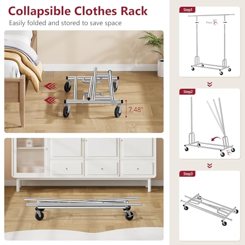 Tajsoon Heavy Duty Clothes Rack Foldable Garment Rack with Wheels and Extendable Rod, Freestanding Clothing Rack for Hanging Clothes, Adjustable ＆ Collapsible Rolling Racks with Bottom Shelf, Chrome - style: Single Rod Heavy Duty