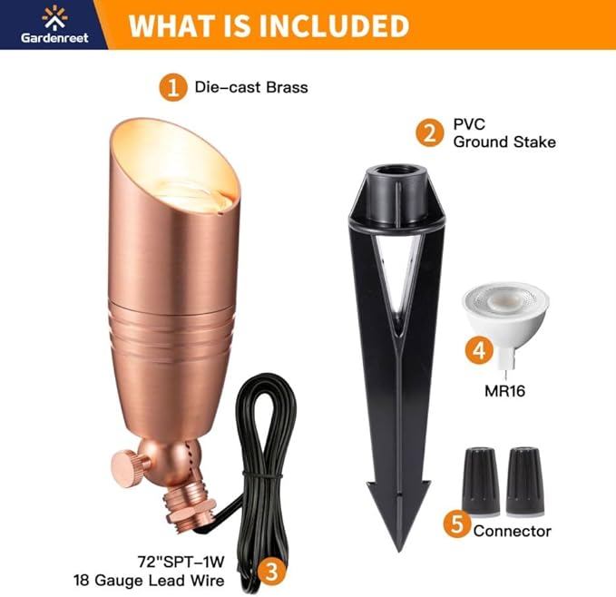 Landscape Spotlights Low Voltage - Brass 12V Outdoor Uplight LED, Wired Spot Lights IP65 Waterproof, Copper for Exterior Garden Yard Tree House with 5W 2700K Warm White MR16 Bulb
