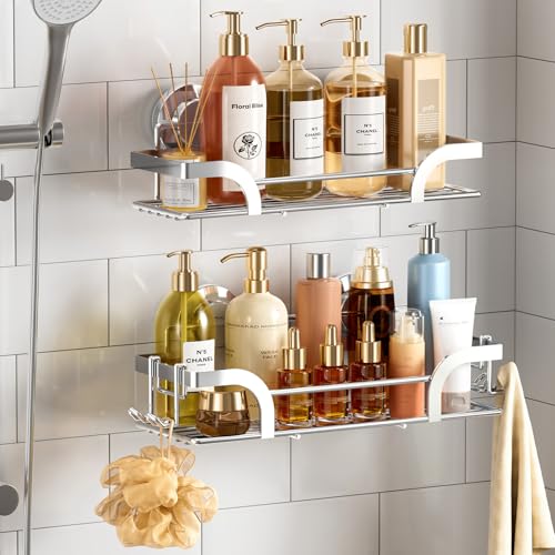 TAILI Shower Caddy Suction Cup 2 Pack, Heavy Duty Bathroom Basket, Bath Shelves for Inside,Stainless Steel Shower Holder for Bathroom Storage & Home Decor,Silver - style: 2 × Silver Basket