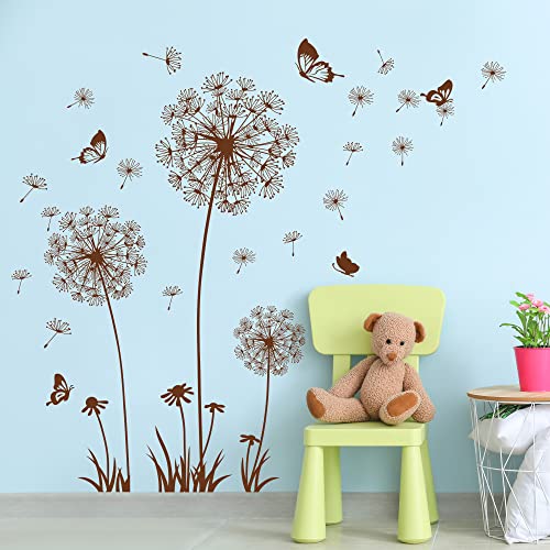 Removable 3D Dandelion Wall Decals Flowers and Flying Butterfly Wall Stickers Murals Self-adhesive Peel and Stick Falling Dandelions Decor for Girls Bedroom Living Room Nursery Baby Children's