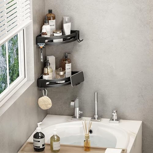 VOLPONE 3-Pack Black Triangle Shower Caddy, 3-Tier Corner Shelves, Rustproof Shower Storage Rack, Drill Free Wall Mount Shower Organizer, 40lbs Load Capacity - style: Without Suction Cup Triangle with Hooks 3 Tier Black