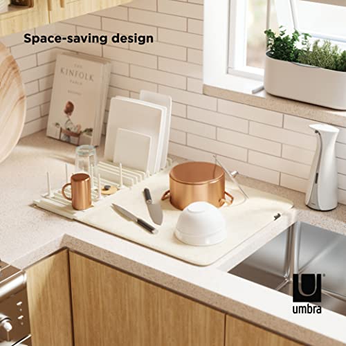 Umbra Udry Dish Rack with Movable Pegs and Microfiber Drying Mat – Space-Saving Design Folds Up for Easy Storage, Basic Rack, Linen - color: Linen, style: Rack with Pegs