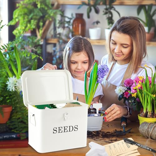 Seed Storage Organizer, T-Shape Compartment Seed Box with Safety Lock, Metal Seed Saving Box, Portable Seed Bin Container with Handle, Including 2 Pens 20 Plant Labels 50 Seed Envelopes-White - color: Tall-White