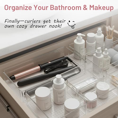 10 Pack Large Drawer Organizer Bins - Clear Plastic Bathroom Drawer Organizer Trays - Heavy Duty Kitchen Drawer Dividers for Utensils - Non-Slip Storage Bins for Makeup, Bedroom, Office Desk - size: 10 Pack