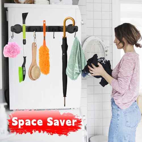Magnetic Mop Broom Holder,Heavy Duty Movable Magnetic Wall Mount Tool Racks,No Drilling Utility Storage Shovel Hanger for Garage,Closet,Garden,Kitchen,Laundry (4 Hooks 3 Grippers,Black)