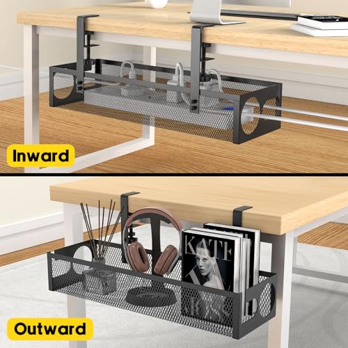 Under Desk Cable Management Tray No Drill 15.1’’, Metal Mesh Cable Management Box with Hybrid Side Slots Cable Raceway,Adjustable Cable Tray with Wire Management for Office Home,1 Pack (Black) - color: Black