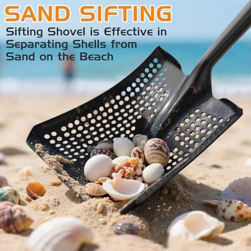 HIGHLIGHT Sifting Shovel, Heavy Duty Metal Sand Sifter for Beach, 45" Long Sifter Shovel for Beach Fun, Chicken Coop, Farm Goat Stall Sand Poop Cleaning, with Ergonomic D-Grip Handle
