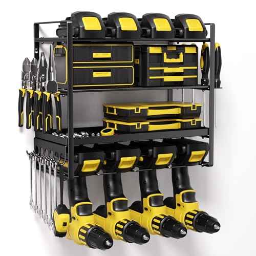 Power Tool Organizer, Metal 4 Layer Heavy Duty Drill Holder, 4Tier Wall Mount Garage Tool Organizers and Storage with Screwdriver/Pliers/Hook Holder,Red Utility Racks gifts for men