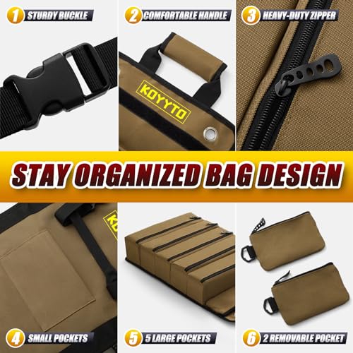 Premium Tool Roll up Bag - Heavy Duty Small Tool Bag Organizer and Storage with W/Detachable Pouches,Waterproof Oxford Cloth,Suitable for Motorcycle,Truck,Electrician,Mechanics etc,Brown