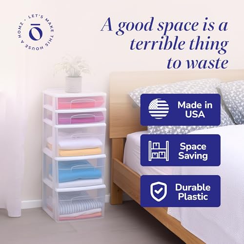 HOMZ 5-Drawer Storage Cart, Clear Plastic Drawers, 14.25" Wide Medium, White Frame - Organizing Drawer Containers for Home, Bathroom, Office, and Classroom - color: White frame with clear drawer