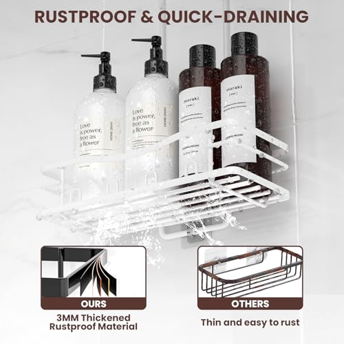 REINHARDT Shower Caddy Hanging, Rustproof Shower Caddy Anti-Swing Shower Organizer No Drilling Showers Racks with Soap Holder Multi Hooks Bathroom Storage for Shampoo Sponge, White - color: White