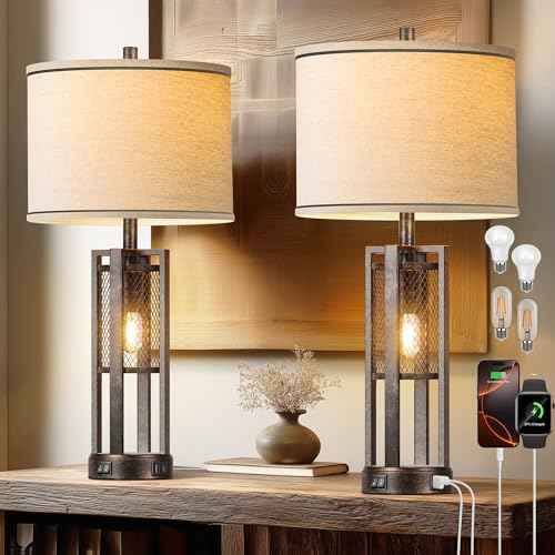 28'' Farmhouse Industrial Table Lamp Set of 2 - Rustic Bedside Nightstand Lamps with Dual USB A+C Ports, Bronze Metal Mesh Nightlight Desk Lamps for Bedroom Living Room, 4 LED Bulbs Included