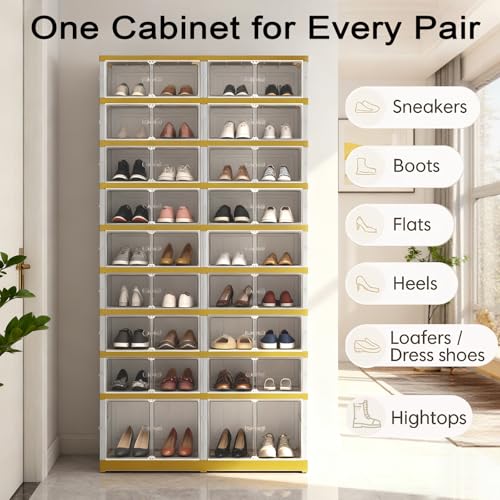 SYNCVIBE Shoe Rack Organizer for Closet Entryway Foldable Sneaker Storage Shoe, Collapsible Shoe Cabinet, Stackable Shoe Storage Cabinet with Lids for Living Room (9 Tiers -36 Pairs White Gold) - size: 9 Tiers -36 Pairs White Gold