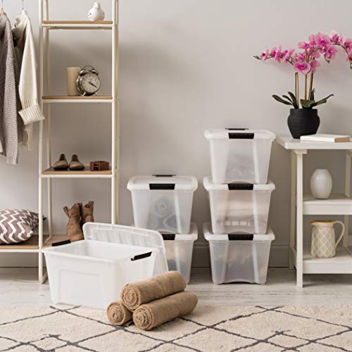 IRIS USA 32 Qt Stackable Plastic Storage Bins with Lids, 6 Pack - BPA-Free, Made in USA - Discreet Organizing Solution, Latches, Durable Nestable Containers, Secure Pull Handle - Pearl - size: 32 Qt, style: 6 Pack