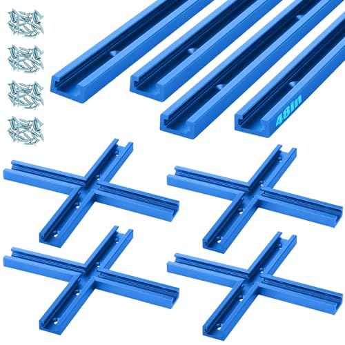 Zonon 4 Set 48'' T Track for Woodworking and T Track Intersection Kit with Predrilled Mounting Holes Wood Screw Double Cut Profile Universal T Track Accessory Aluminum T Rail Track Woodworking Tool