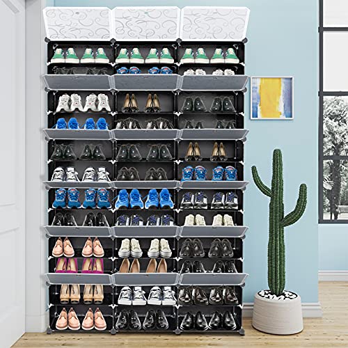 12-Tier Portable 72 Pair Shoe Rack Organizer, 36 Grids Tower Shelf Storage Cabinet Expandable Stackable Space with Door for Heels, Boots, Slippers Black