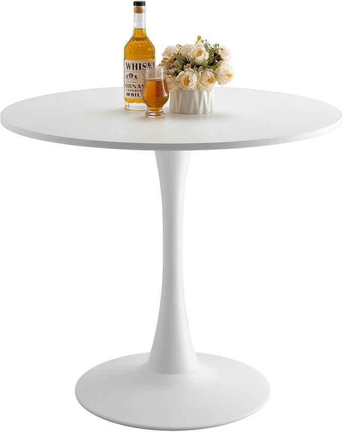 VEVOR Round Dining Table, 31.5 in Wood Table for 2-4 Person, Modern Circle Furniture, Leisure Coffee Office Tables with Pedestal Base in Tulip Design, for Home Kitchen Living Room, White(Only Table)
