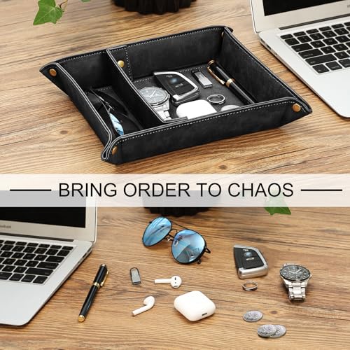 SITHON Valet Tray Desktop Storage Organizer, Removable 2 Compartments Catchall Tray Bedside Vanity Nightstand Caddy Holder Desk Storage Plate, Black - color: Black