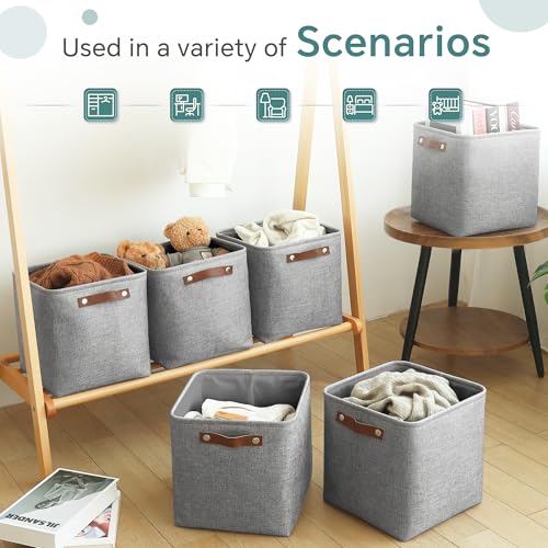 FinishingBo Cube Storage Baskets 6 Pack, 11x11 inch Cube Storage Bins with Leather Handles for Shelf Closet (Gray) - color: Gray