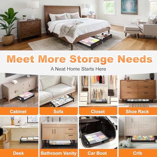 Larger Under Bed Storage with Wheels, 2-Pack XXL Underbed Shoe Storage with Clear Lid, Easy Pull-out Rolling Under Bed Storage Containers, Underbed Storage Bins for Clothes, Shoes, Black