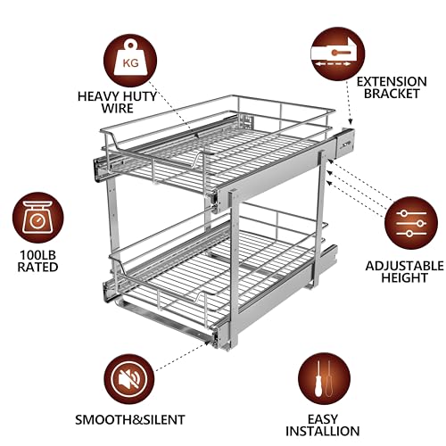 JOWBOOW 2-Tier Individual Cabinet Pull Out Shelves (9" W x 22" D), Slide Out Kitchen Panty Narrow Cabinet Storage Sliding Shelves - size: 9 x 22 Inch