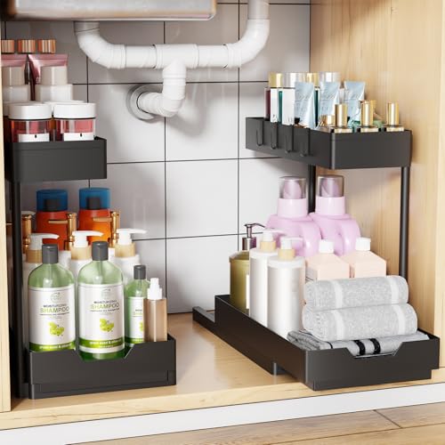 Simple Trending Under Sink Organizer, 2 Pack Pull Out Cabinet Organizer with Sliding Drawer, 2-Tier Under Sink Storage for Kitchen Bathroom, Black - size: 2 pack