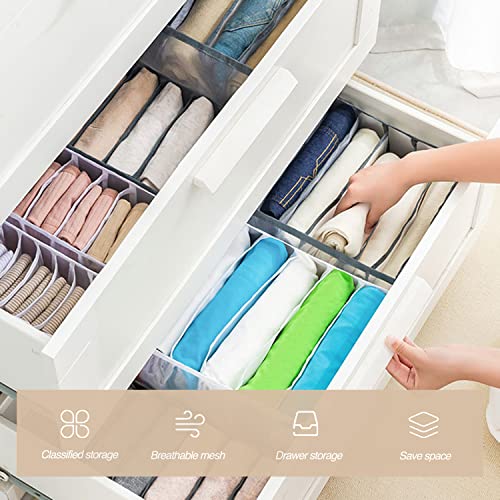 Wardrobe Clothes Organizer, 7 Grids Washable Portable Closet Organizer Mesh Separation Storage Box Foldable Closet Drawer Organizer for Underwear, Socks, Scarves, Jeans (Grey, 4 Jeans Grid) - size: 4 Jeans Grid