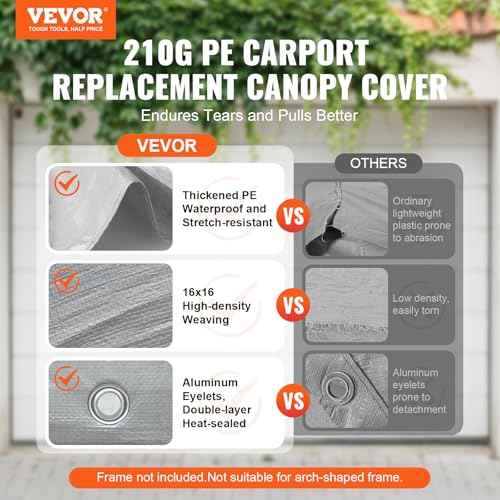 VEVOR Carport Replacement Canopy Cover 13 x 20 ft, Garage Top Tent Shelter Tarp Heavy-Duty Waterproof & UV Protected, Easy Installation with Ball Bungees,Grey (Only Top Cover, Frame Not Include)