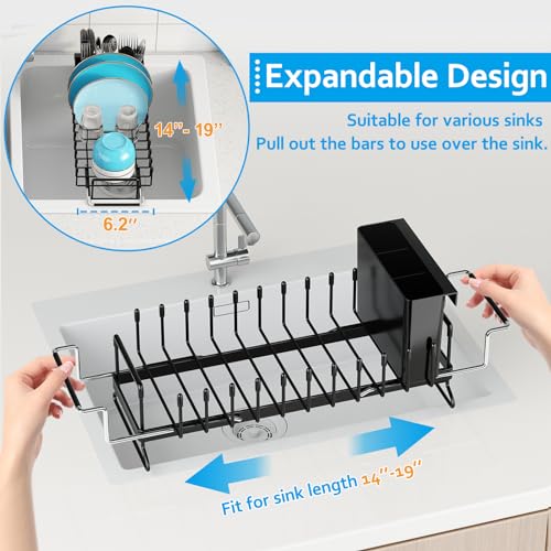 ANTOPY Sink Dish Drying Rack - Expandable Small Dish Rack Over Sinks with Silicone Drying Tray, Dish Drainer for Kitchen Counter with Cutlery Holder, Drying Rack Fit for 14’’-19’’ Kitchen Sink - style: In Sink (Small)