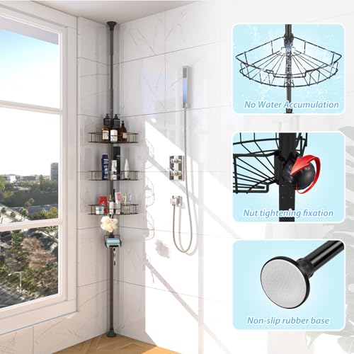 BsBsBest Shower Organizer Caddy - Stainless Steel Shower Shelves Rack, Adjustable Organization And Storage Head Holder, Rustproof Tension Pole, Black