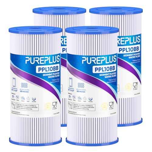 PUREPLUS 20 Micron 10" x 4.5" Whole House Pleated Sediment Filter for Well Water, Replacement Cartridge for GE FXHSC, Culligan R50-BBSA, Pentek R50-BB, DuPont WFHDC3001, W50PEHD, GXWH40L,4Pack