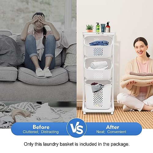 Laundry Basket, 3 Tiers Storage Basket Plastic Clothes Hamper Movable Clothes Hamper Bathroom Hampers With Wheels,Portable Freestanding Dirty For Laundry Room Organization