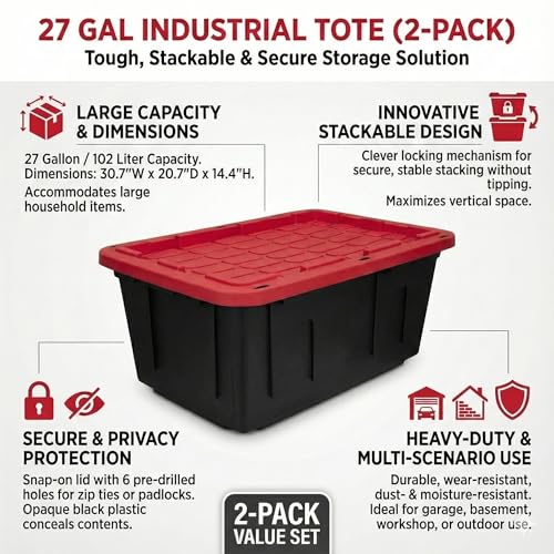 27 Gal Industrial Tote,4 Pack Plastic Storage Bins with Lids Tough Large Storage Bin,Black with Red Lid Plastic Storage,Stackable & Nestable for Garage, Basement, or Outdoor (4 Pack) - size: 4 Pack
