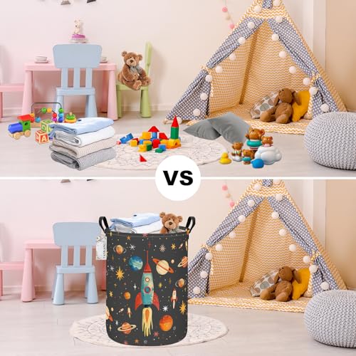 FANKANG Storage Basket, Nursery Hamper Canvas Laundry Basket Foldable with Waterproof PE Coating Large Storage Baskets for Kids Boys and Girls, Office, Bedroom, Clothes,Toys(Space rocket) - color: Space rocket
