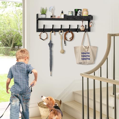 Coat Rack Wall Mount with Shelf, 27.5" Entryway Wall Hanging Shelf, Coat and Key Hanger with 10 Dual Hooks, Mail Organizer and Key Holder Hat Rack for Wall, Wood Coat Hooks with Storage - color: Black