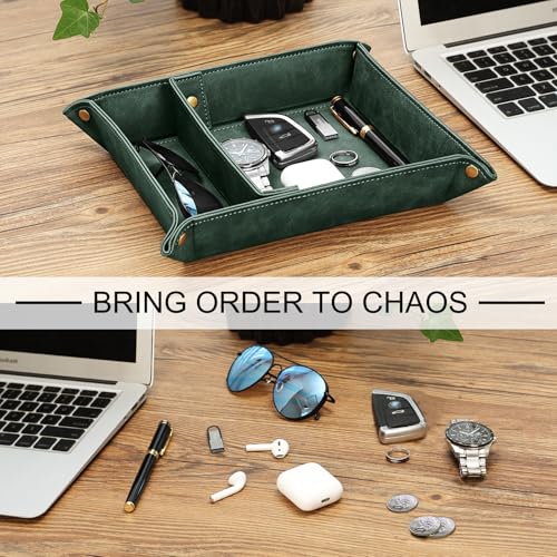 SITHON Valet Tray Desktop Storage Organizer, Removable 2 Compartments Catchall Tray Bedside Vanity Nightstand Caddy Holder Desk Storage Plate, Dark Green - color: Dark Green