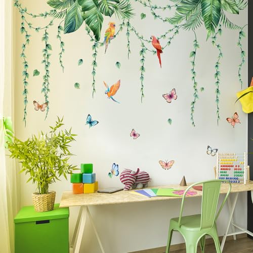 Removable Tropical Leaves Wall Decals Vinyl Hanging Vines Green Plants Wall Stickers Peel and Stick Jungle Safari Mural Art Decor for Nursery Classroom Bedroom Office Sofa Background