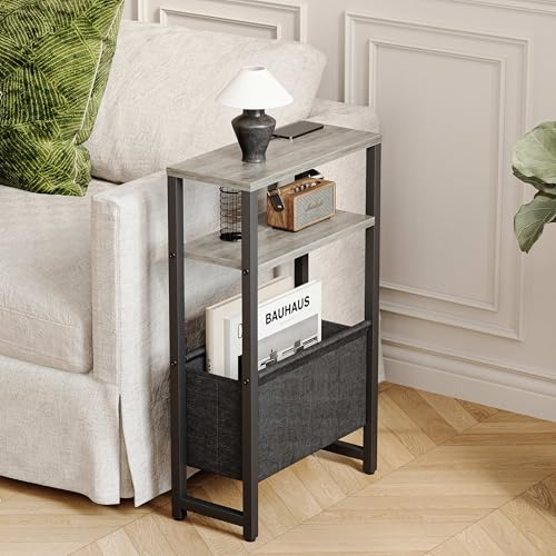 Narrow Side Table, Slim End Table with Magazine Rack, Bedside Table for Small Spaces, 3 Tier Sofa Couch Table Nightstand for Living Room, Bedroom, Oak Grey LET503Q - color: Oak Grey