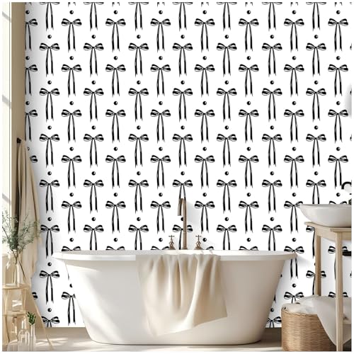 HAOKHOME Black Wall Paper Peel and Stick Modern Bow Ties Wallpaper Removable for Nursery Black/White Contact Paper 17.3in x 9.8ft