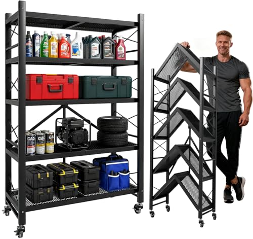 Grezone Foldable Shelves 5 Tier Heavy Duty Metal Storage Shelves with Wheels - No Assembly Collapsible Shelving Unit for Kitchen Garage Hold up to 1250 lbs - size: 39‘’W x 13.9''D x 62.9''H