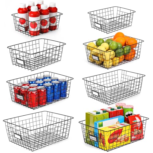 8 Set, Extra Large Wire Baskets for Organizing with Lables, Cabinet Pantry Organization and Storage Bins - Metal Basket for Kitchen, Laundry, Garage, Fridge, Bathroom Countertop Organizer, Black - size: Large-8 Pack