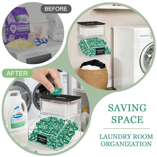 2 in 1 Dryer Sheet Holder & Laundry Pods Container, Laundry Detergent Organizer Container with Lid, Acrylic Laundry Room Organization Storage Containers with Labels, Dishwasher Pod Holder - color: Black - New 2