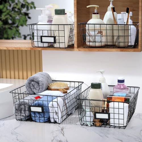 8 Set, Extra Large Wire Baskets for Organizing with Lables, Cabinet Pantry Organization and Storage Bins - Metal Basket for Kitchen, Laundry, Garage, Fridge, Bathroom Countertop Organizer, Black - size: Large-8 Pack