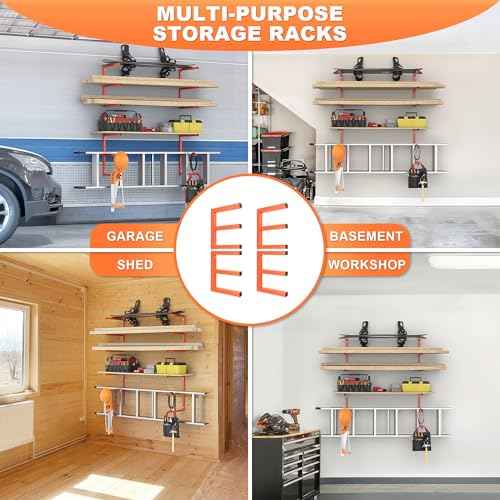 Ultrawall Lumber Storage Rack Wall Mount Wood Storage Racks, Metal Wood Organizer Racks for Shed, Workshop, Garage, Holds Up 220 LBS Per Level (Pack of 4, Orange)