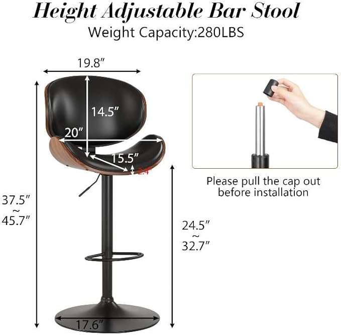 KCC Bar Stools Set of 2, Swivel Adjustable Height Barstools, PU Leather Upholstered Bar Chairs with Footrest, Bentwood Bar Stool for Kitchen, Bar, Dining Room(Black PU)