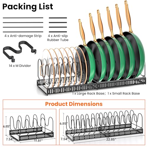 MUDEELA Pots and Pans Organizer Rack for under Cabinet, Expandable Pot Lid Kitchen Cabinet Organizer Holder with 14 Adjustable Compartment Cutting Board Organizer for Pan Lid, Bakeware - style: 14 Dividers-Black