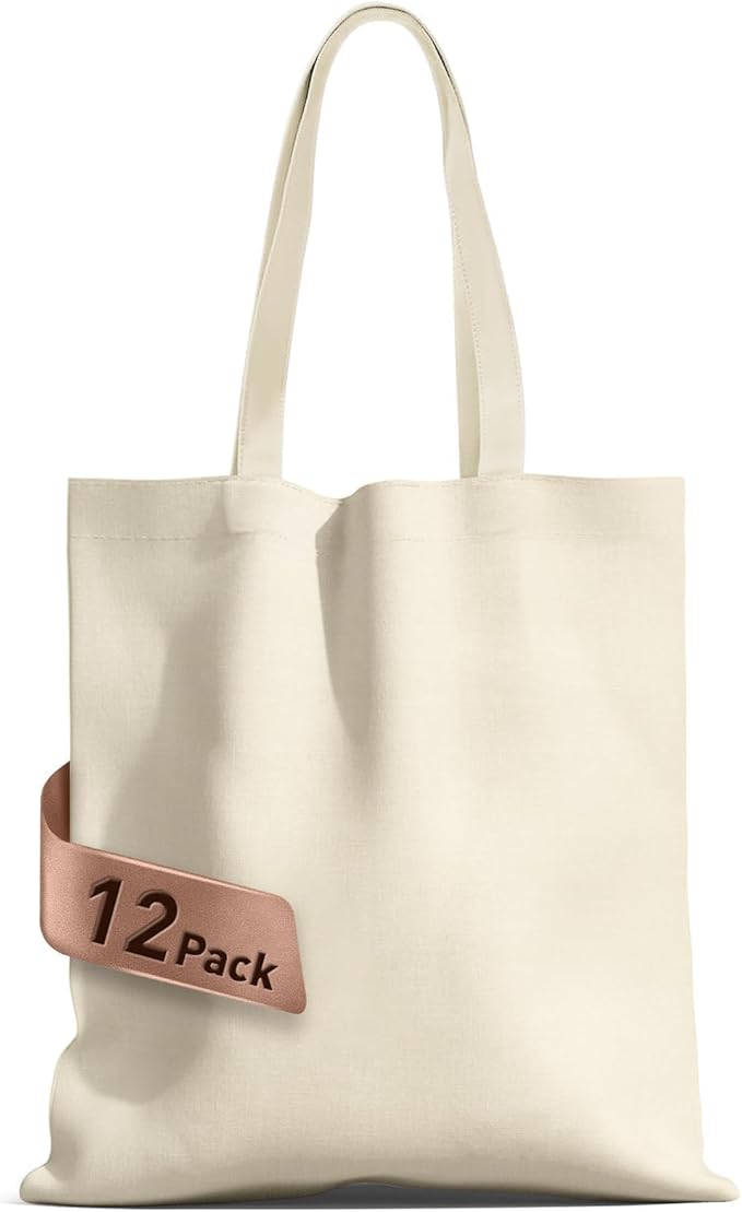 MOLOVA 12-Pack Large 14x15 Premium Cotton Canvas Tote Bags,Load 55lbs,Reusable bag made of 6oz of canvas with Handles for Gift-Giving, Beach Trips, Work, DIY Projects, Shopping 12
