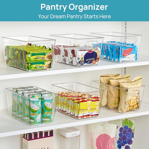 Vtopmart 6 Pack Clear Storage Bins, Pantry Cabinet Organizer Bins with Handle for Pantry Organizer and Storage, Plastic Bins for Fridge, Cabinet, Kitchen, Countertops, Cupboard, Freezer, Medium - size: M(10”L x 6”W x 5”H)