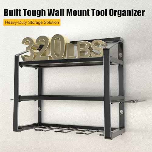 Power Tool Organizer With Charging Station, Heavy Duty Steel 4 Slots, Tool Battery Holder with 4 Outlet Power Strip, Easy To Install Garage Storage Rack for Workshop/Shed Gift For Men
